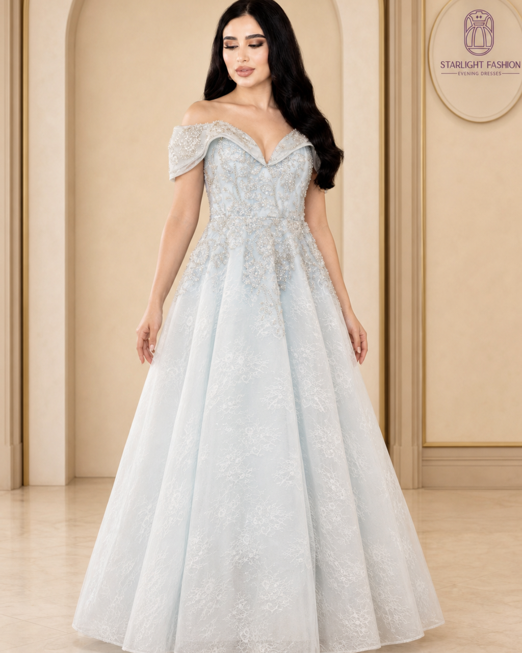 Celestia Sky Blue Pearl-Embellished Evening Gown