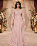 فستان سهرة وردي غباري لامع بكاب مطرز – الإطلالة الأمامية | Dusty rose shimmering embroidered cape evening gown – front view