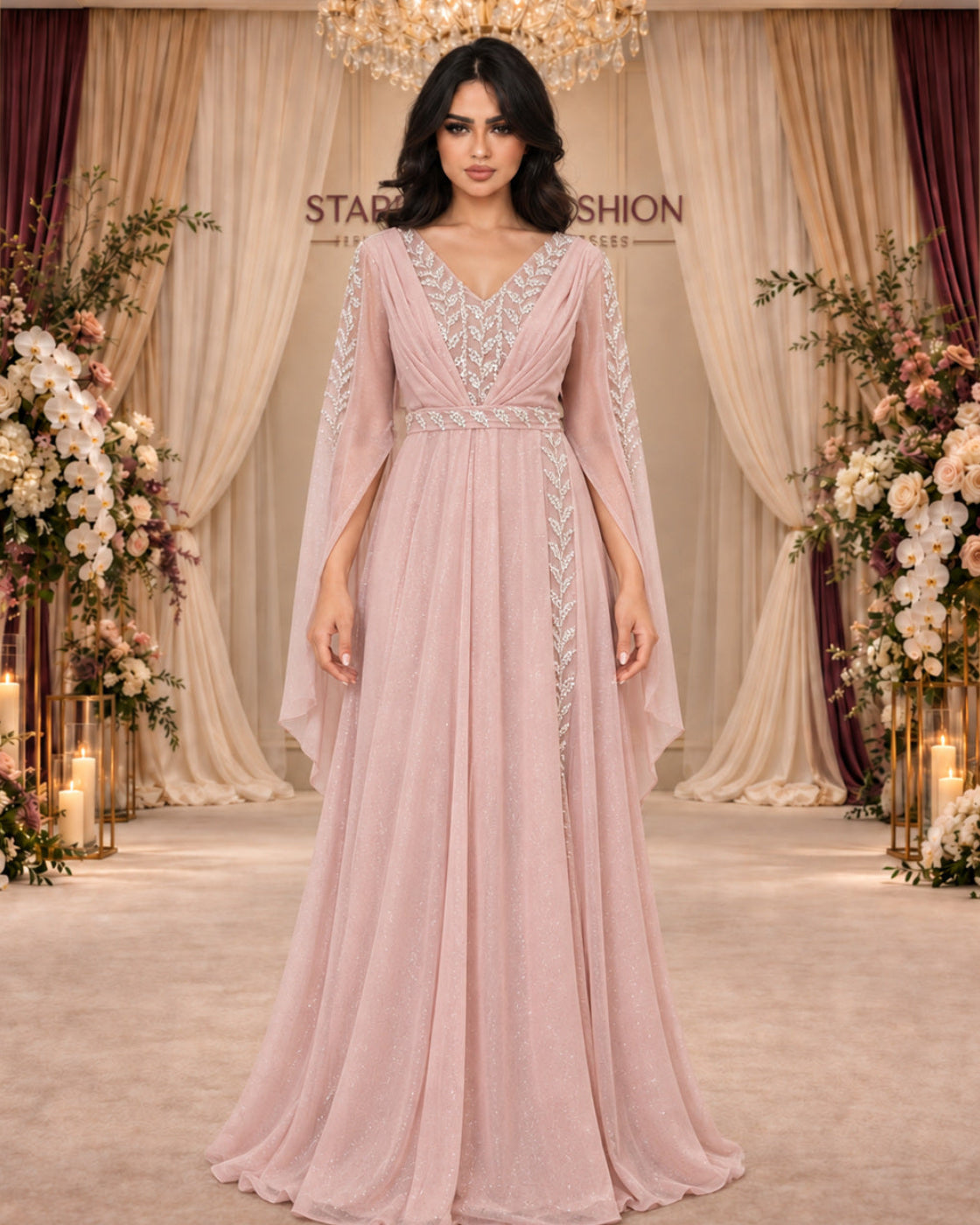 فستان سهرة وردي غباري لامع بكاب مطرز – الإطلالة الأمامية | Dusty rose shimmering embroidered cape evening gown – front view