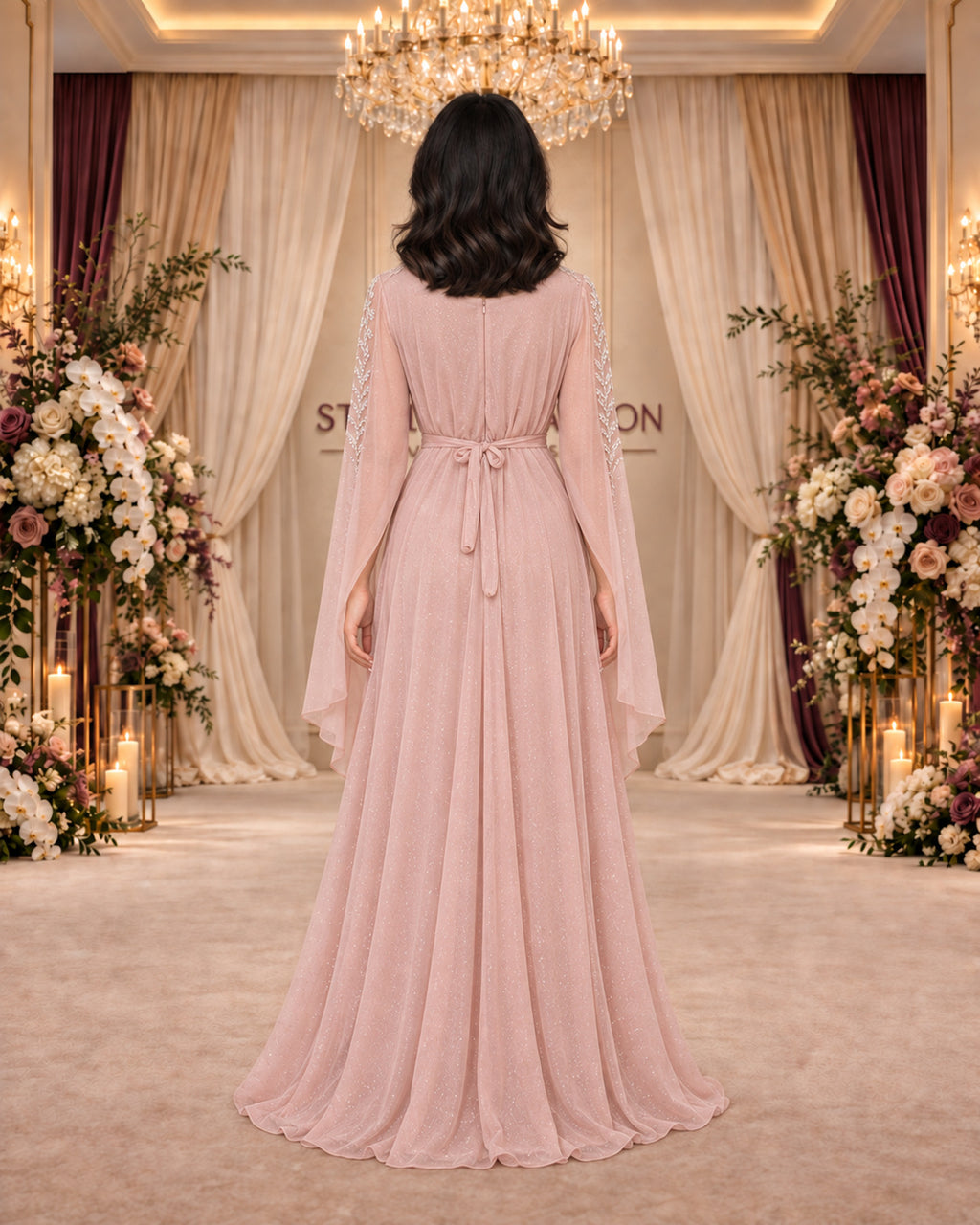 فستان سهرة وردي غباري لامع بكاب مطرز – الإطلالة الخلفية ورباط الخصر | Dusty rose shimmering embroidered cape evening gown – back view and waist tie