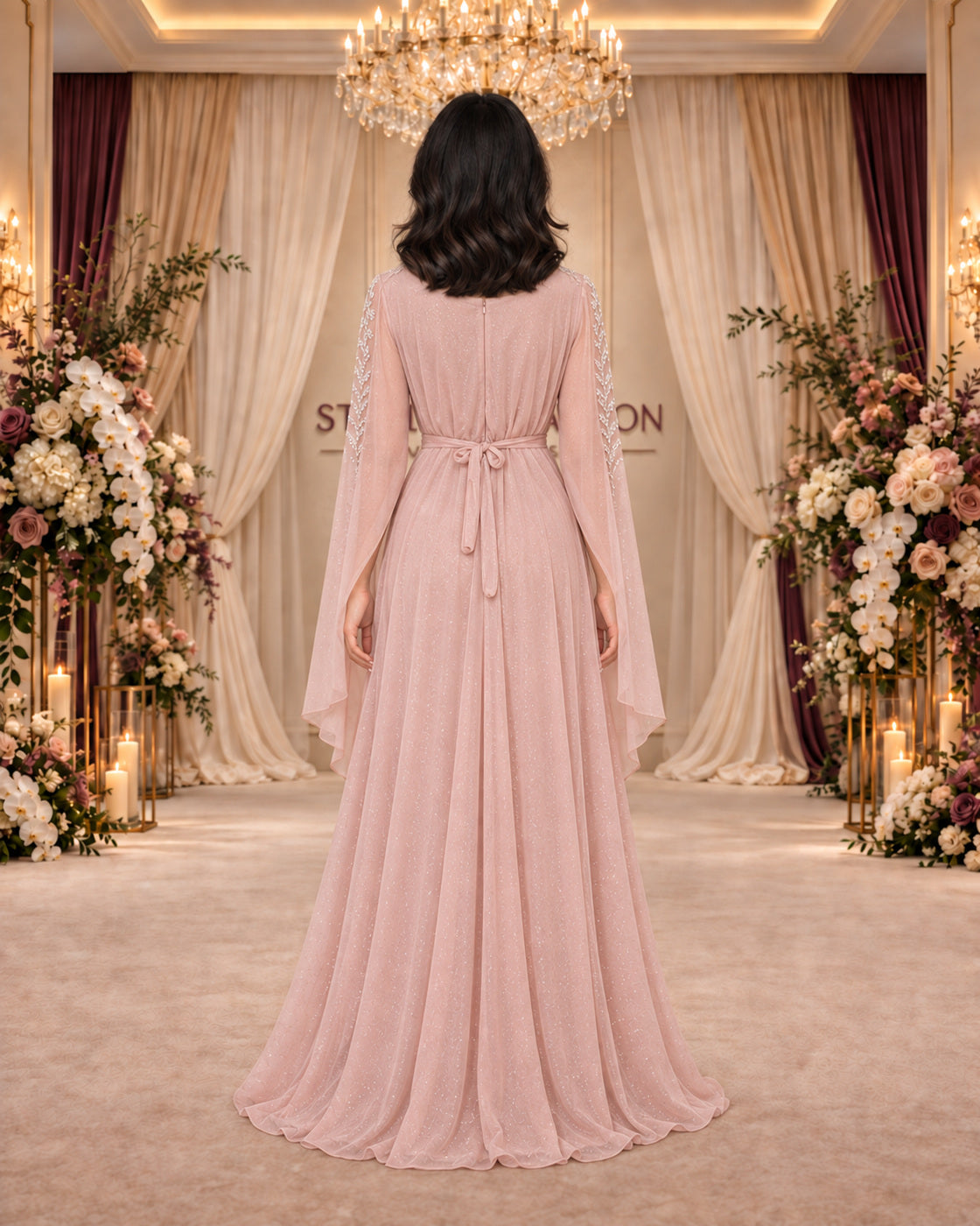 فستان سهرة وردي غباري لامع بكاب مطرز – الإطلالة الخلفية ورباط الخصر | Dusty rose shimmering embroidered cape evening gown – back view and waist tie