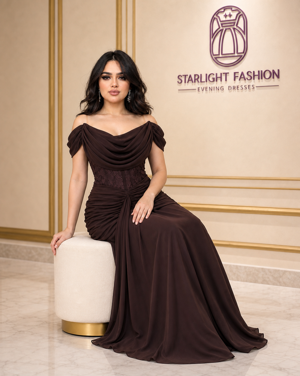 Chocolate Enchantment Draped Lace Evening Gown