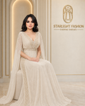 Champagne Pearl Embellished Cape-Sleeve Evening Gown