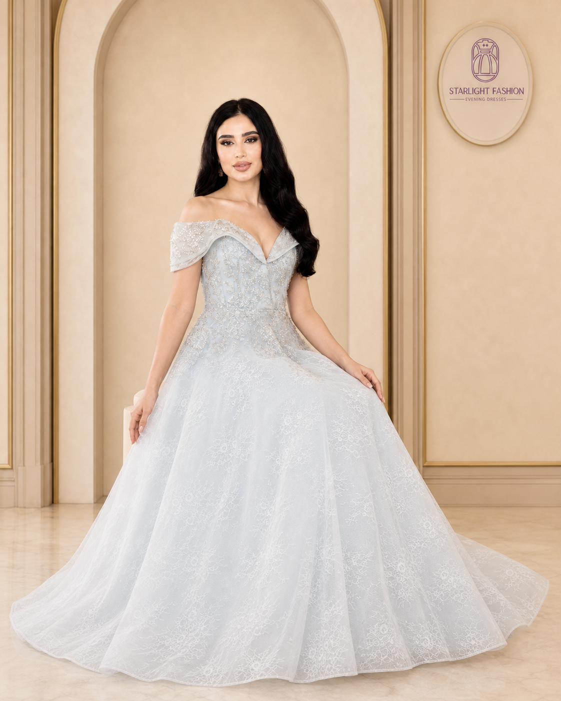 Celestia Sky Blue Pearl-Embellished Evening Gown