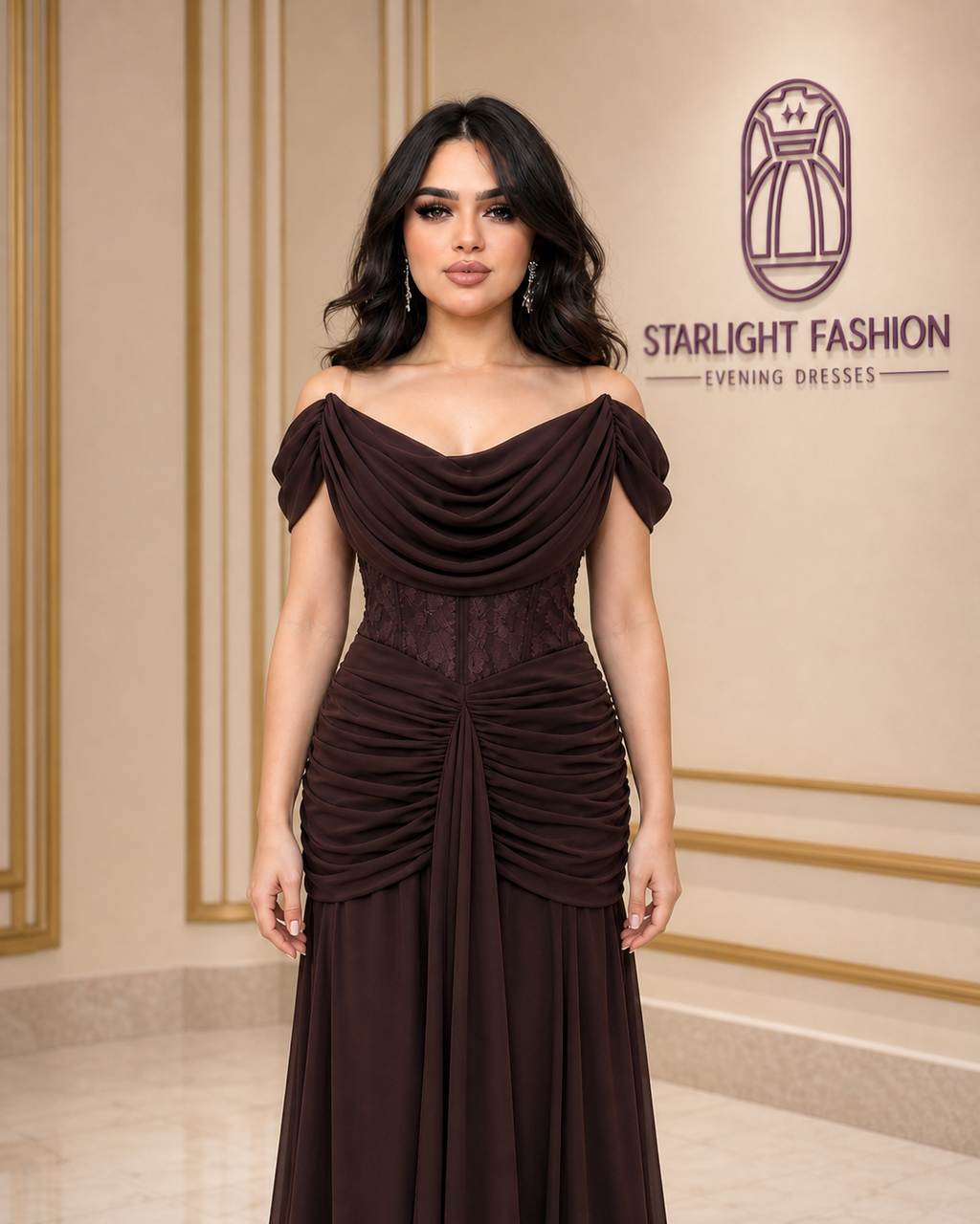 Chocolate Enchantment Draped Lace Evening Gown