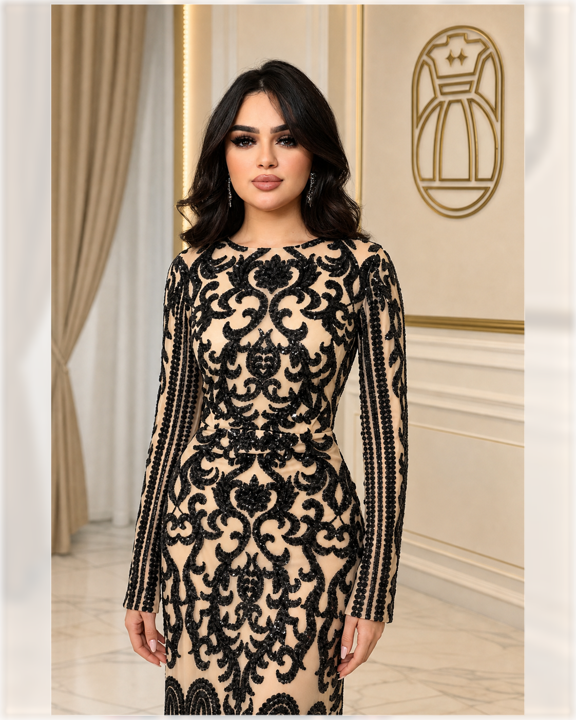 Nude and Black Baroque Sequin Evening Gown