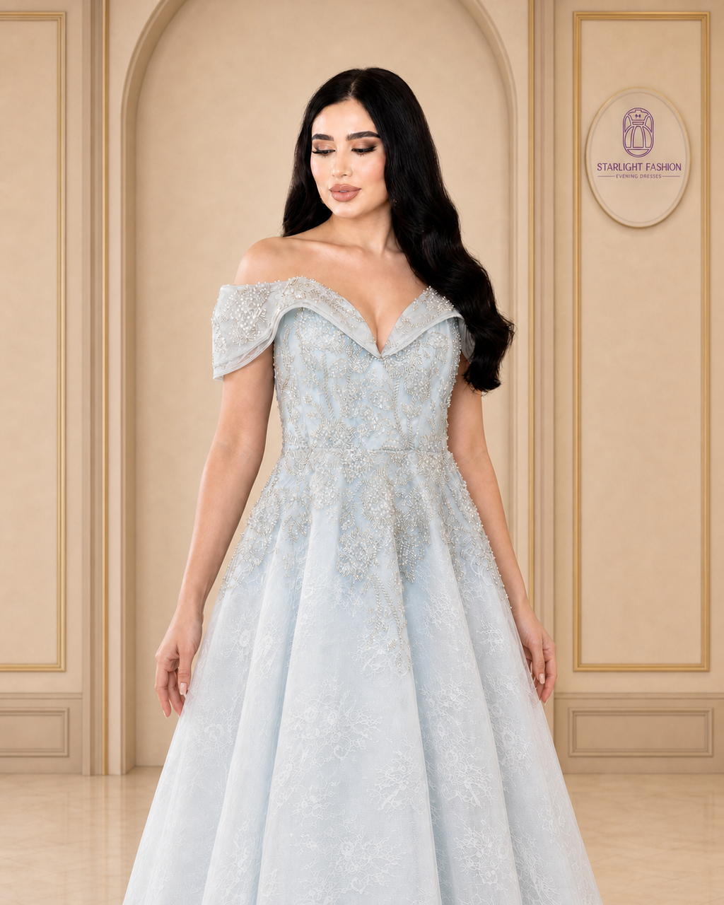 Celestia Sky Blue Pearl-Embellished Evening Gown
