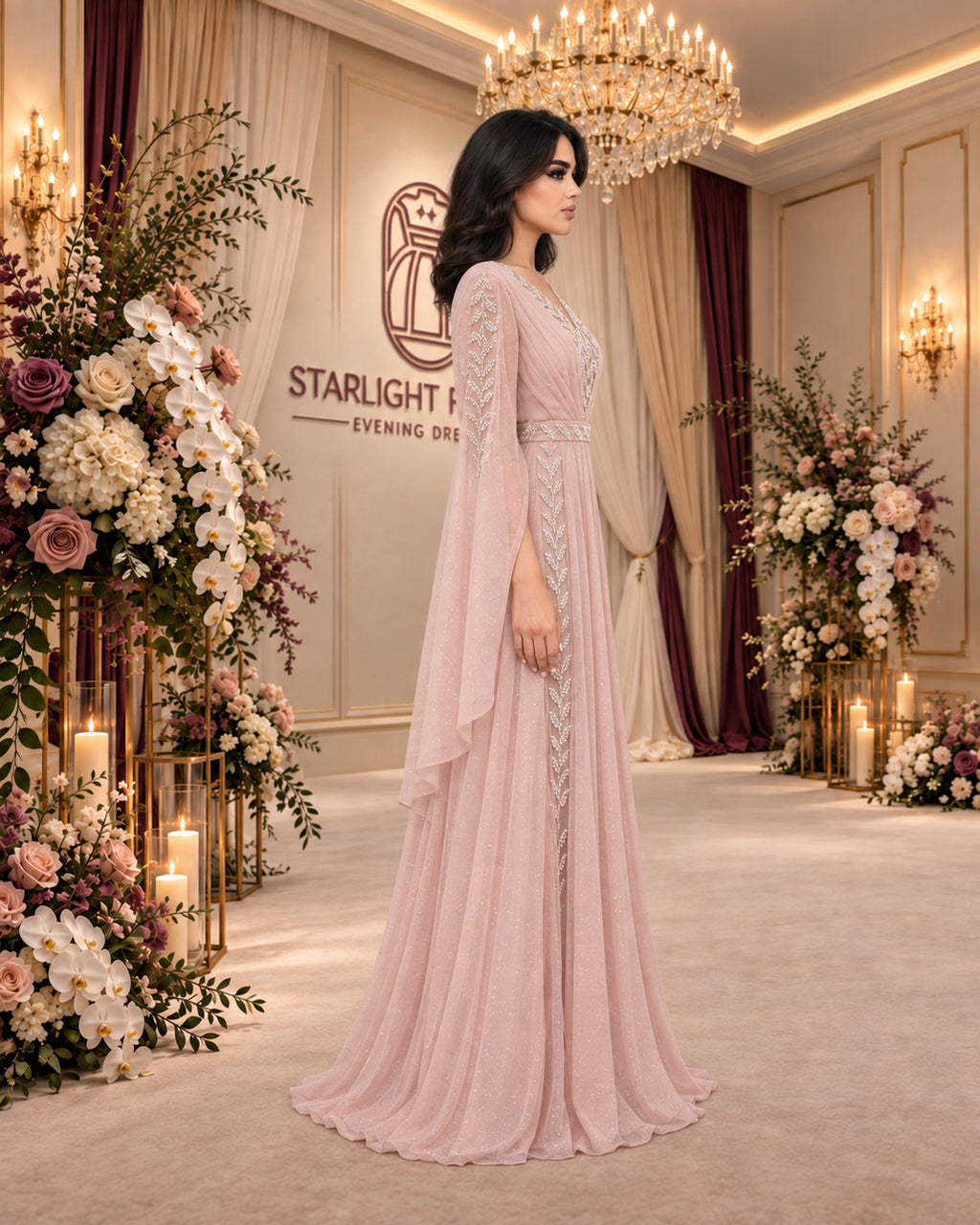 فستان سهرة وردي غباري لامع بكاب مطرز – الجانب الأول | Dusty rose shimmering embroidered cape evening gown – first side view