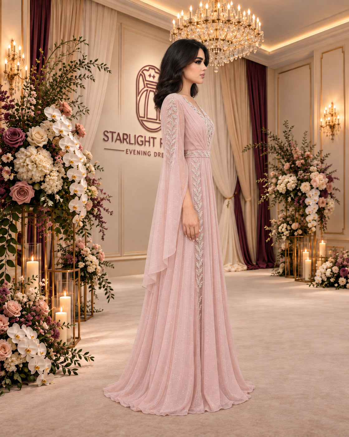 فستان سهرة وردي غباري لامع بكاب مطرز – الجانب الأول | Dusty rose shimmering embroidered cape evening gown – first side view