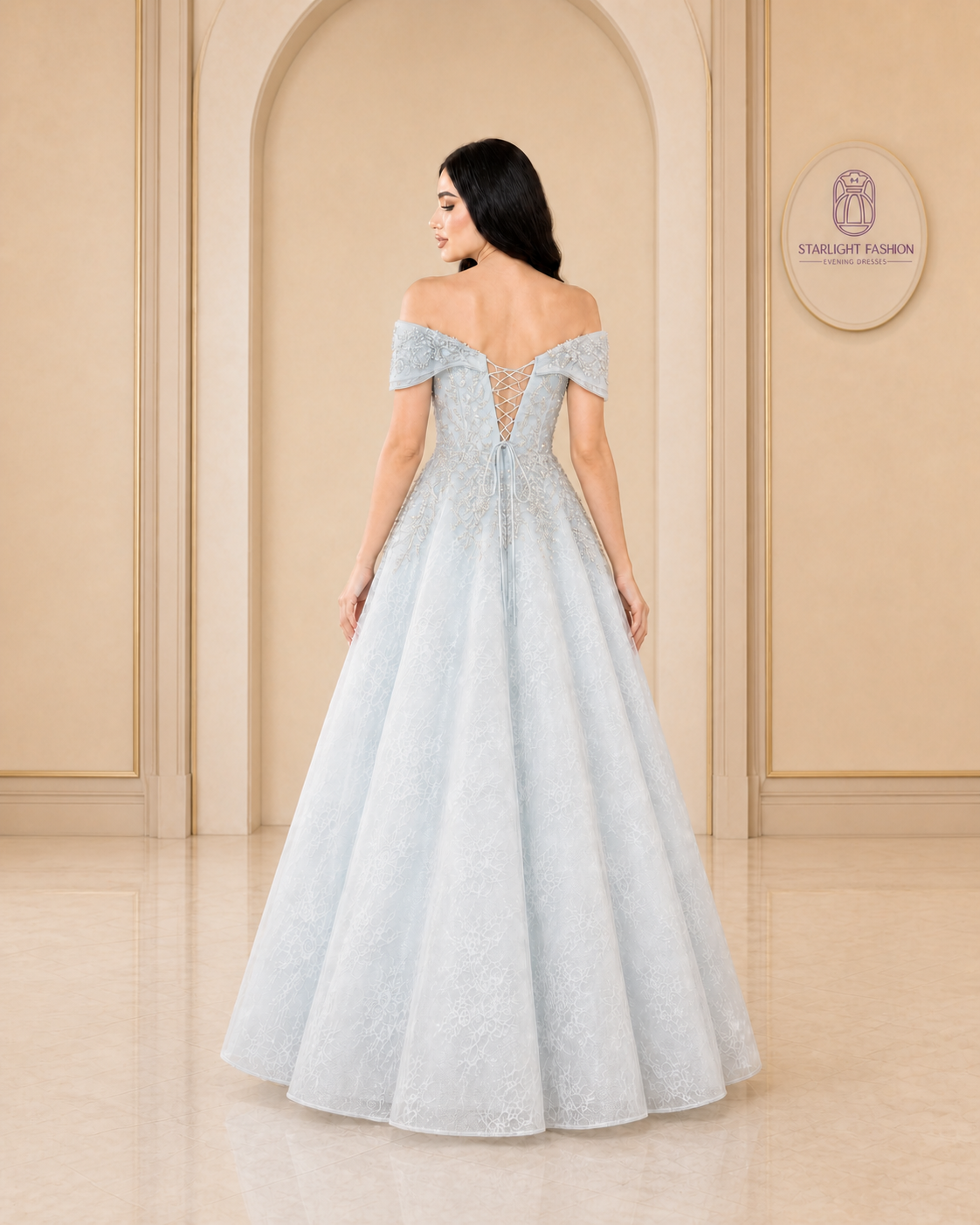 Celestia Sky Blue Pearl-Embellished Evening Gown