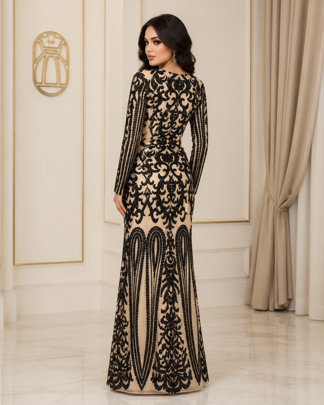 Nude and Black Baroque Sequin Evening Gown