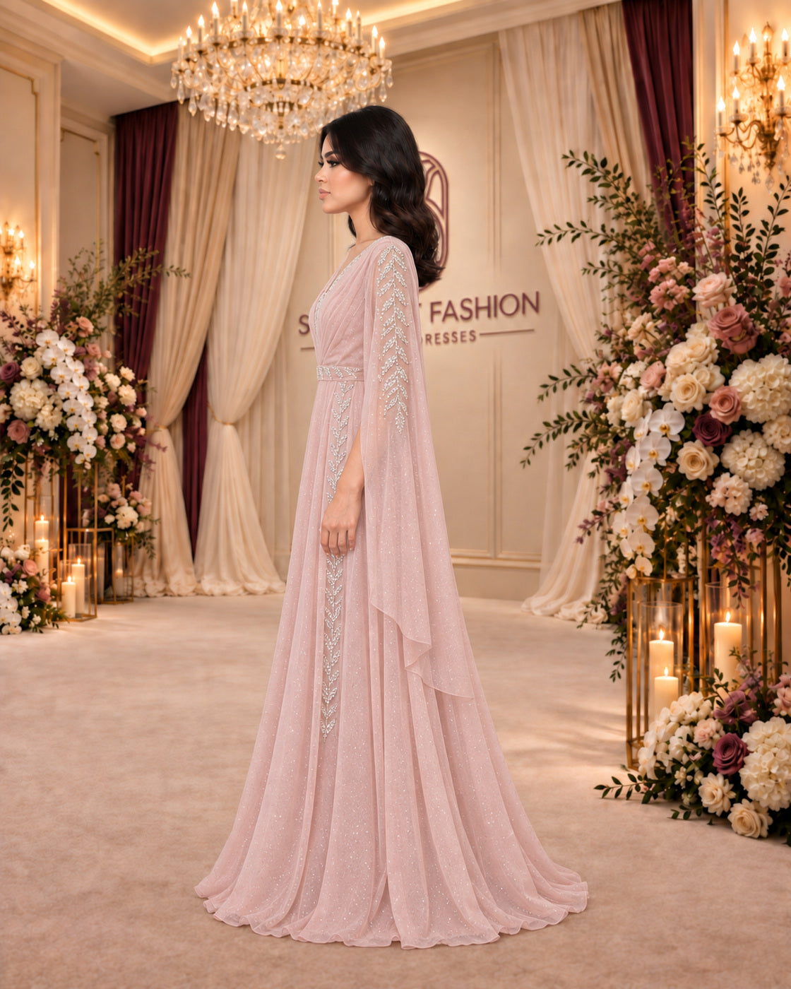 فستان سهرة وردي غباري لامع بكاب مطرز – الجانب المقابل | Dusty rose shimmering embroidered cape evening gown – opposite side view