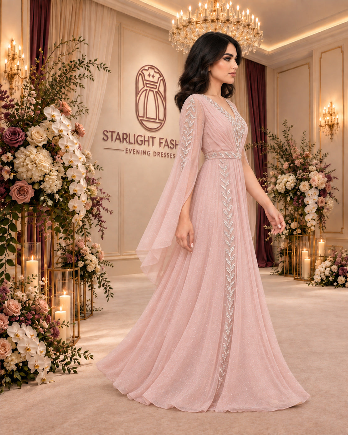 فستان سهرة وردي غباري لامع – المشي | Dusty rose shimmering gown – walking view
