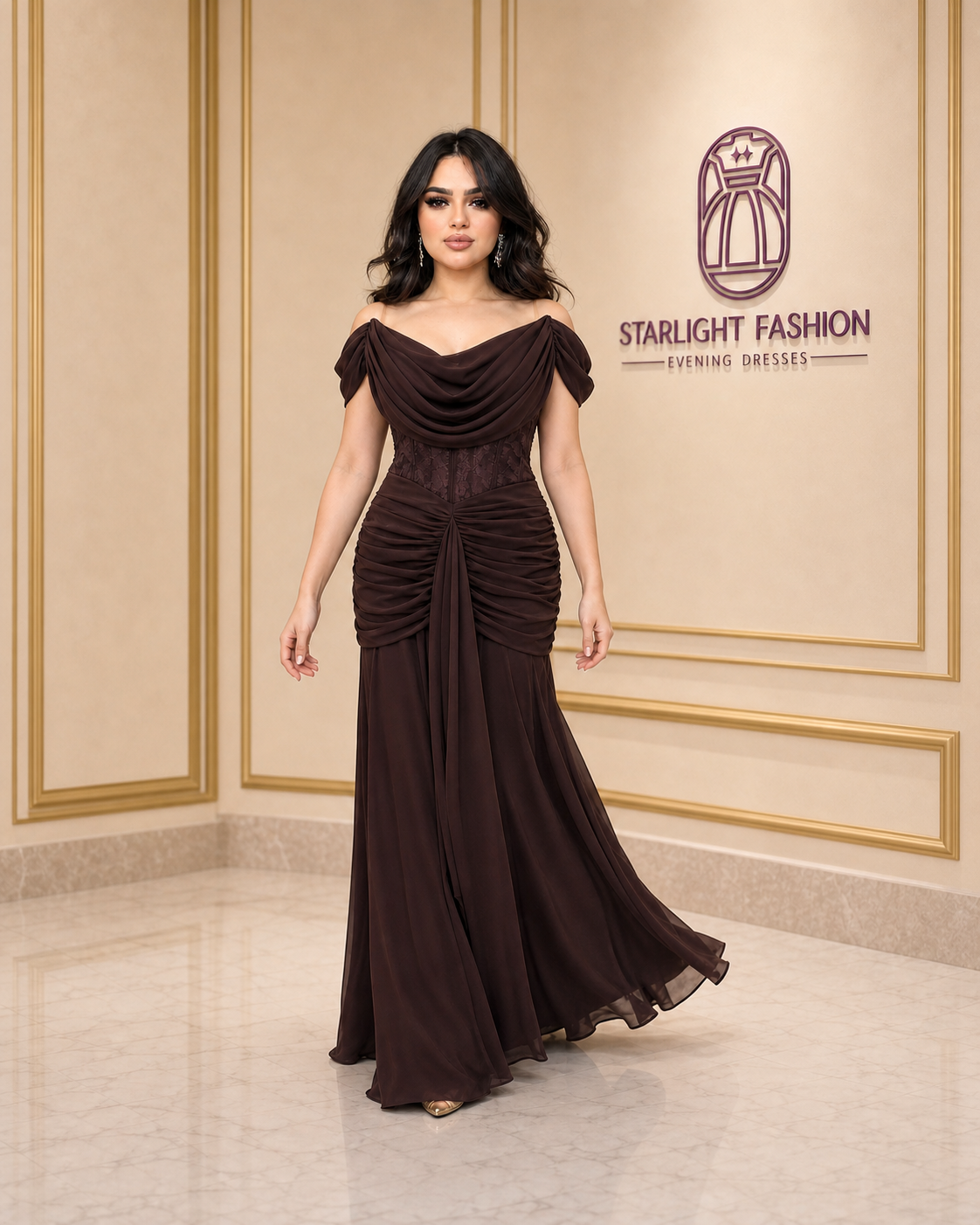 Chocolate Enchantment Draped Lace Evening Gown