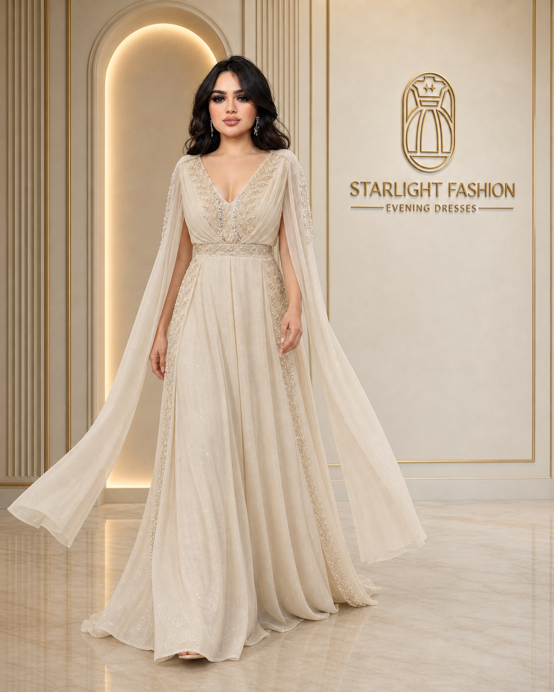 Champagne Pearl Embellished Cape-Sleeve Evening Gown