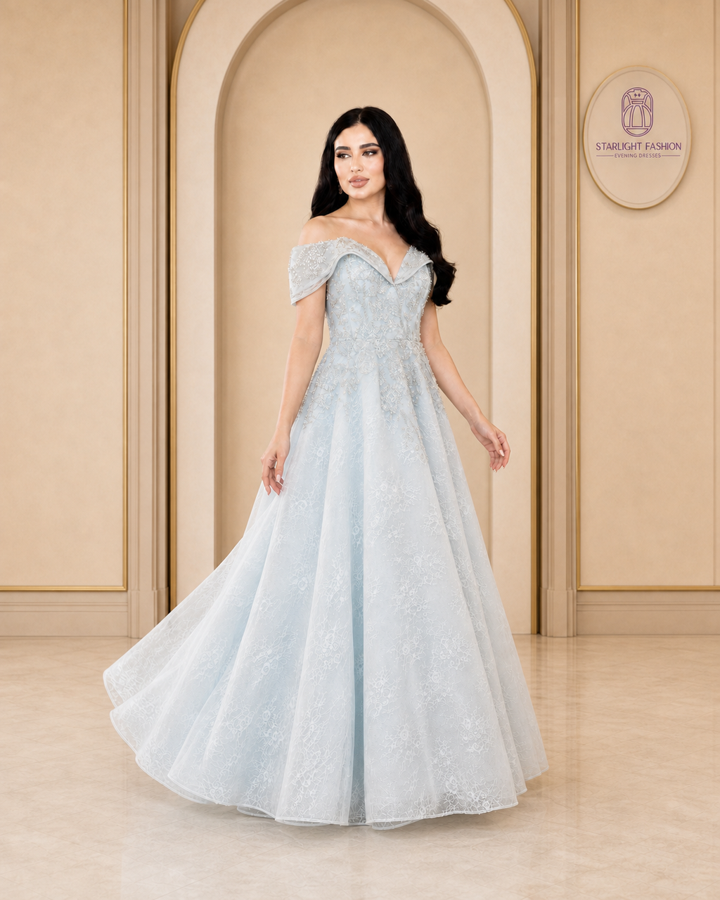 Celestia Sky Blue Pearl-Embellished Evening Gown