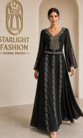 Luxurious black evening dress with gold and silver embroidery and an embellished belt