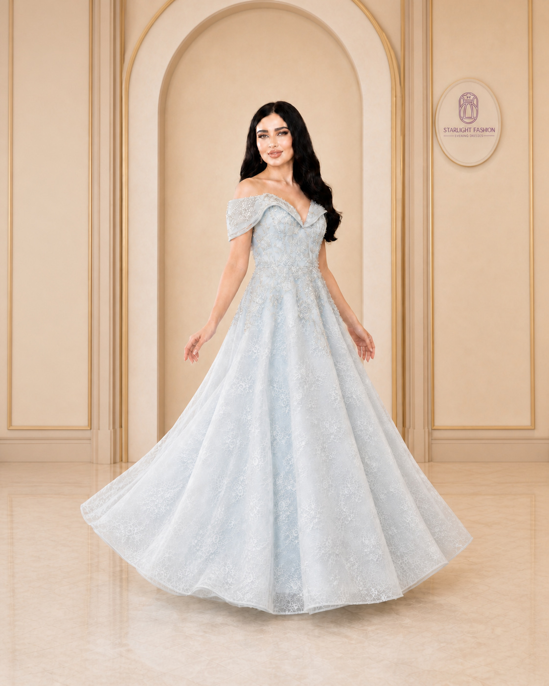 Celestia Sky Blue Pearl-Embellished Evening Gown