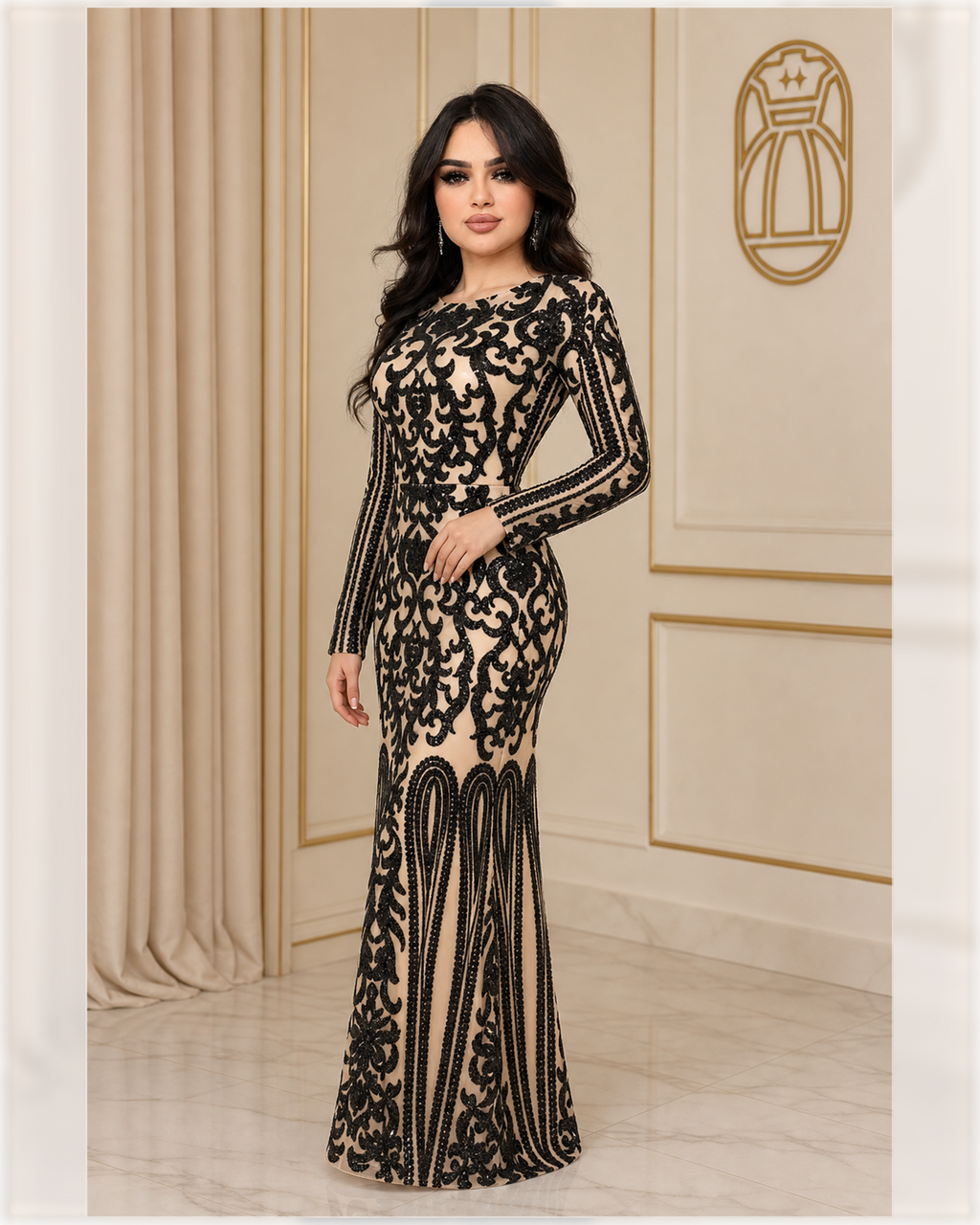 Nude and Black Baroque Sequin Evening Gown