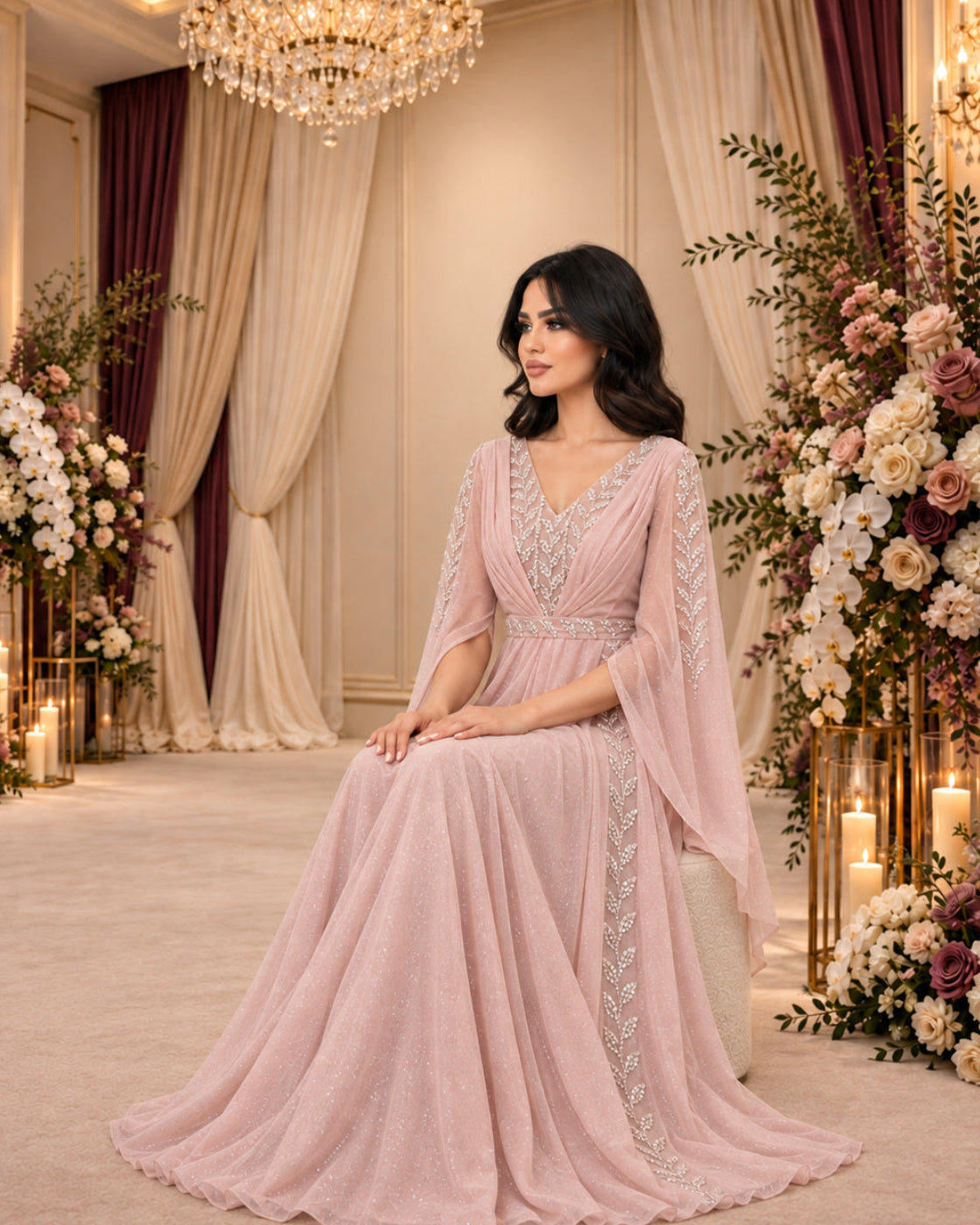 فستان سهرة وردي غباري لامع – الجلوس | Dusty rose shimmering gown – seated view