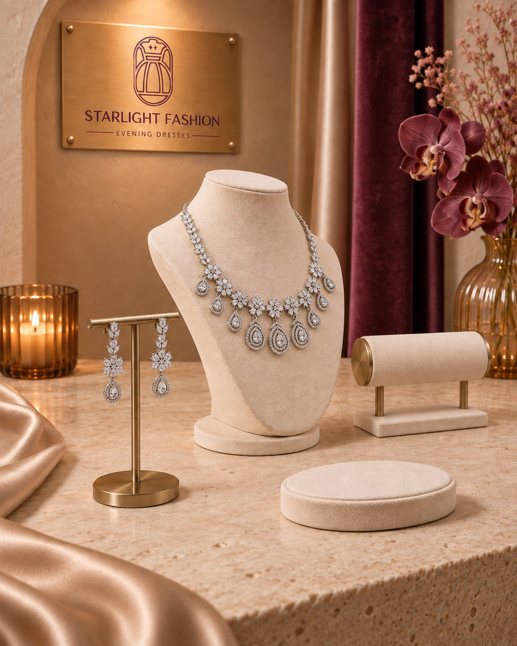 Silver-Tone Necklace and Earrings Set with Floral Motifs and Drops – first side view