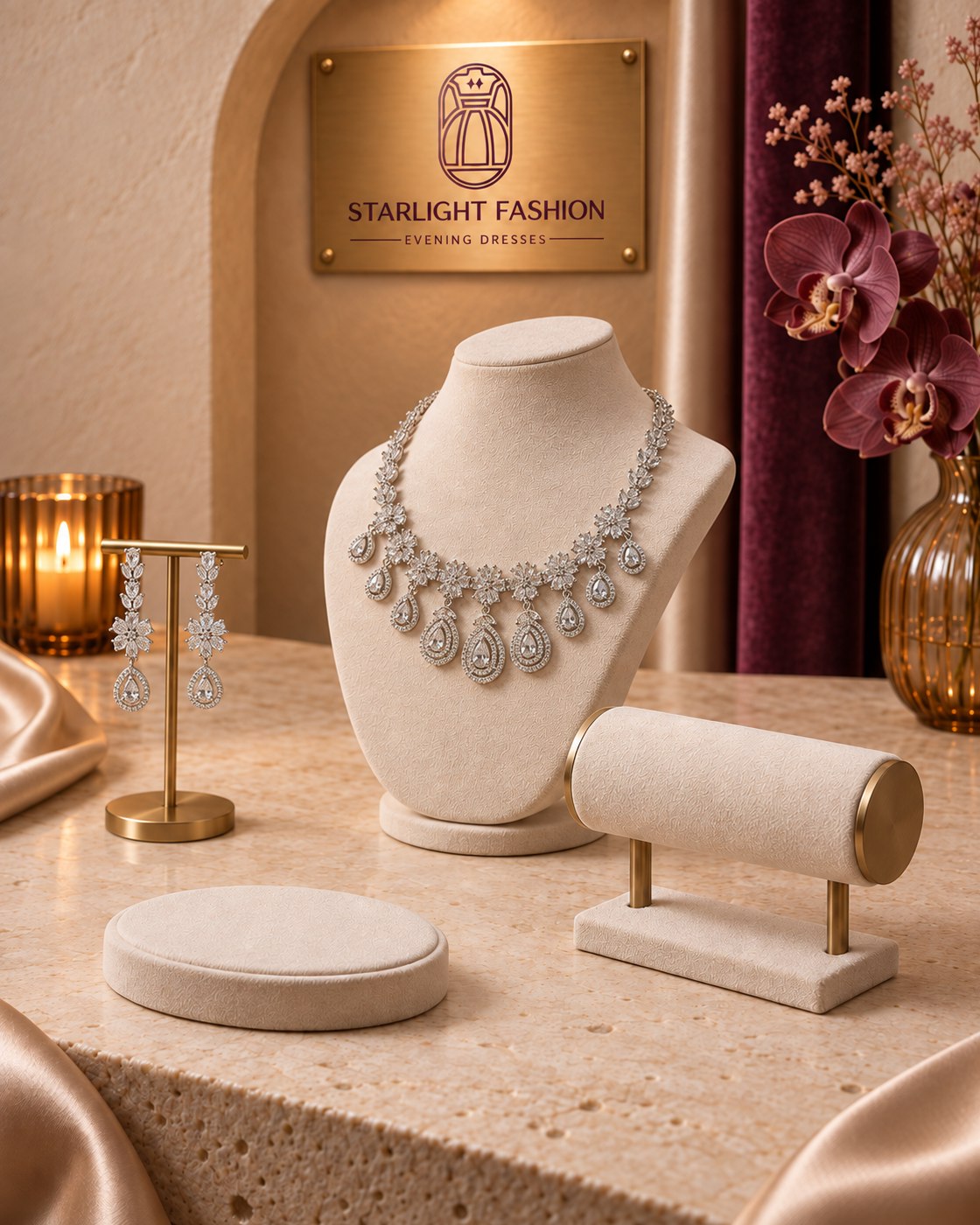 Silver-Tone Necklace and Earrings Set with Floral Motifs and Drops – opposite side view