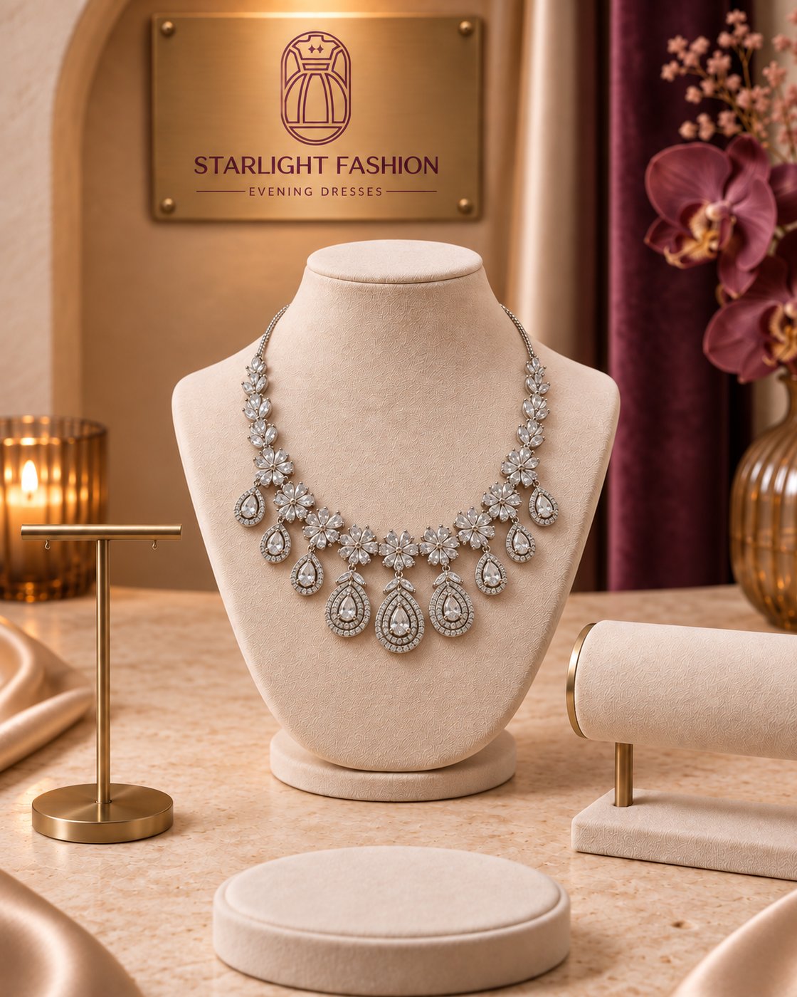 Silver-tone floral necklace with teardrop pendants – necklace detail only