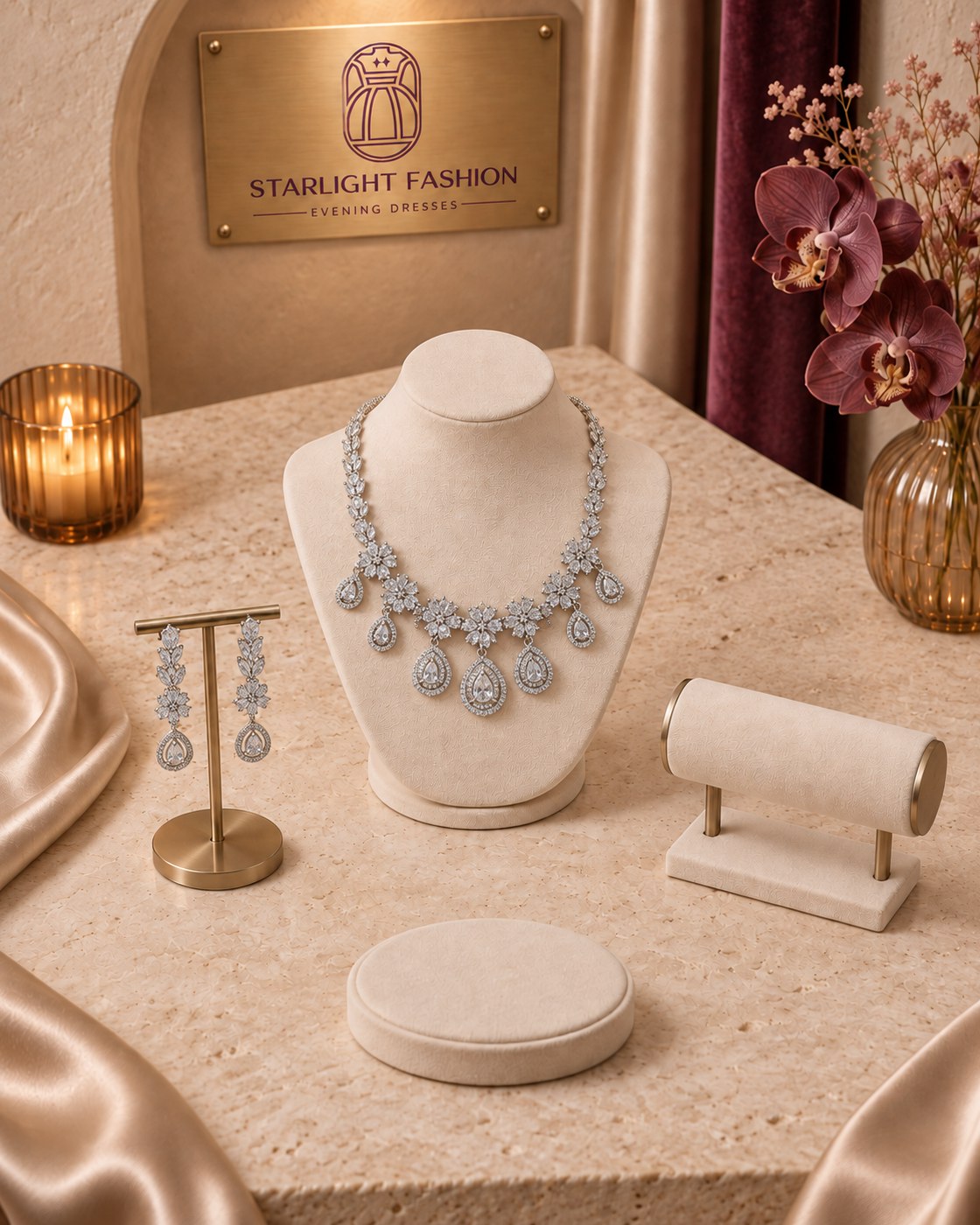 Silver-Tone Necklace and Earrings Set with Floral Motifs and Drops – view from above