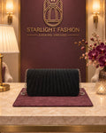 Black Pleated Evening Clutch with Silver-Tone Chain – front pleat detail