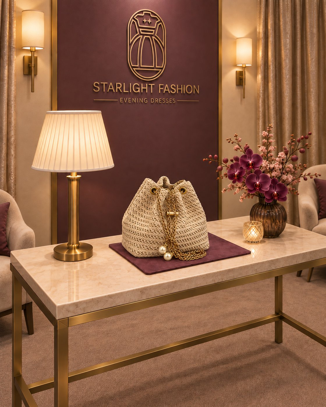 Beige Woven Bag with Gold-Tone Chain and Pearl-Like Accents – main view