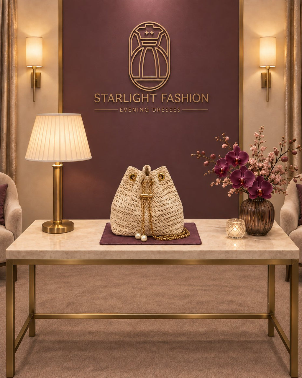 Beige Woven Bag with Gold-Tone Chain and Pearl-Like Accents – front view
