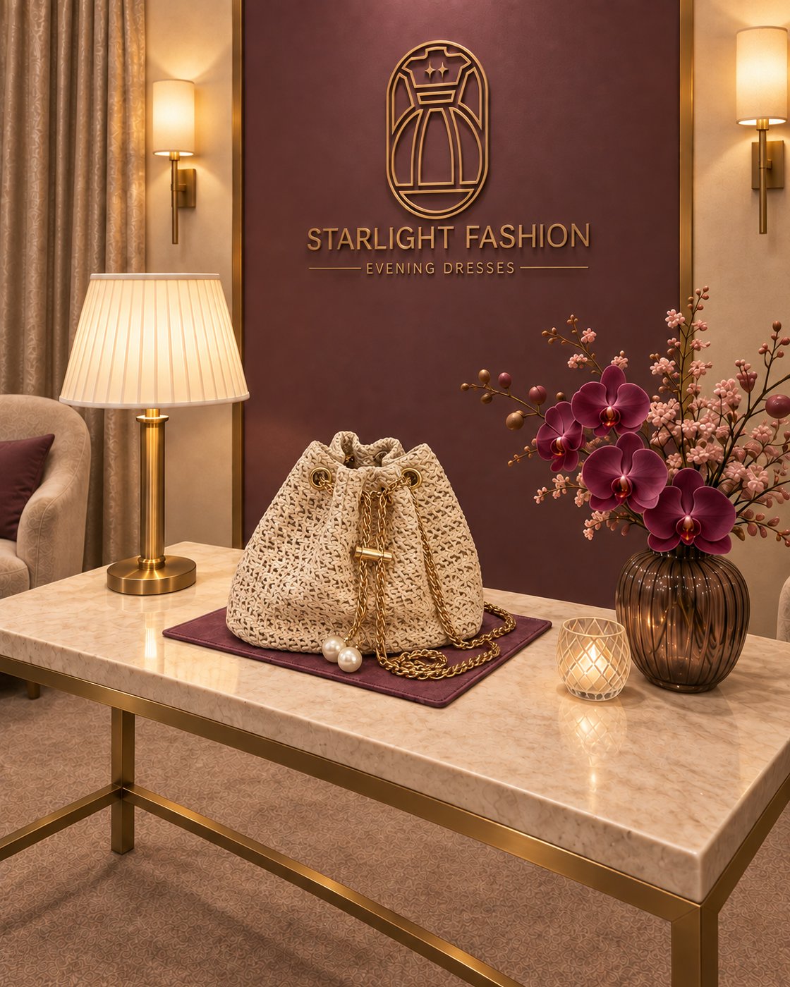 Beige Woven Bag with Gold-Tone Chain and Pearl-Like Accents – opposite angled view
