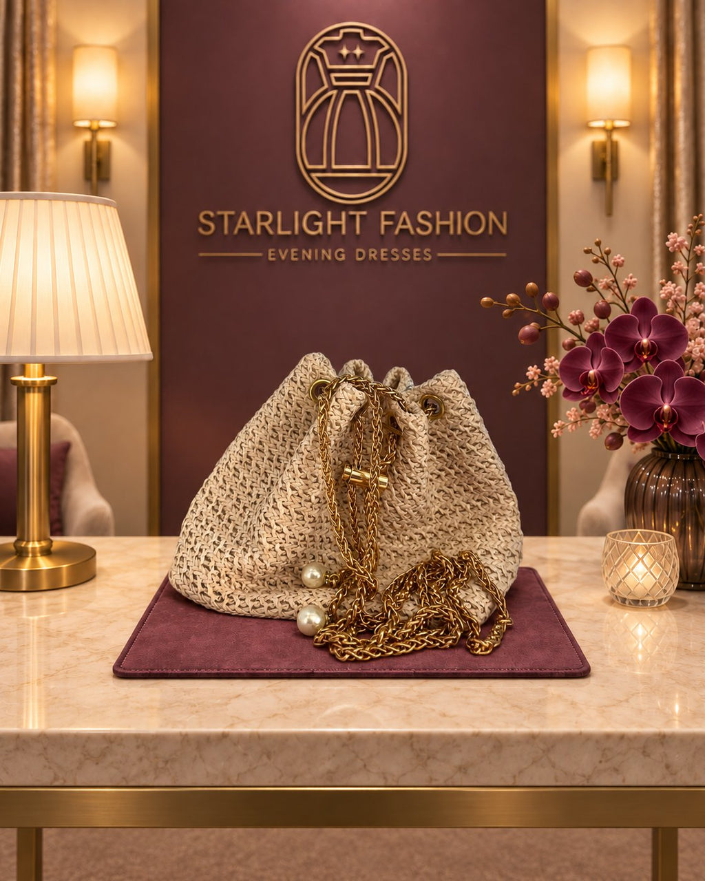 Beige Woven Bag with Gold-Tone Chain and Pearl-Like Accents – close front view