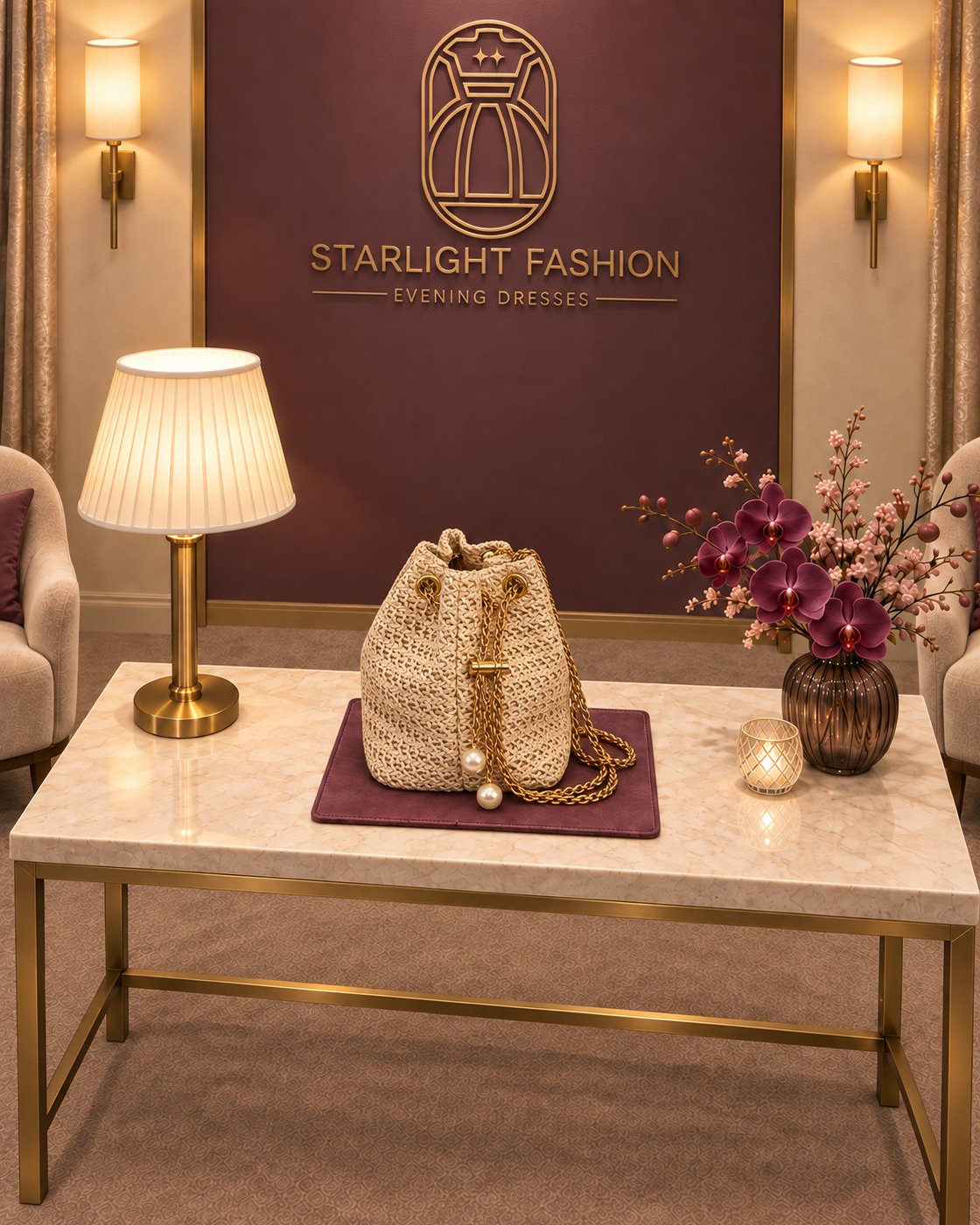 Beige Woven Bag with Gold-Tone Chain and Pearl-Like Accents – slightly elevated front view