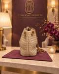 Beige Woven Bag with Gold-Tone Chain and Pearl-Like Accents – close side view