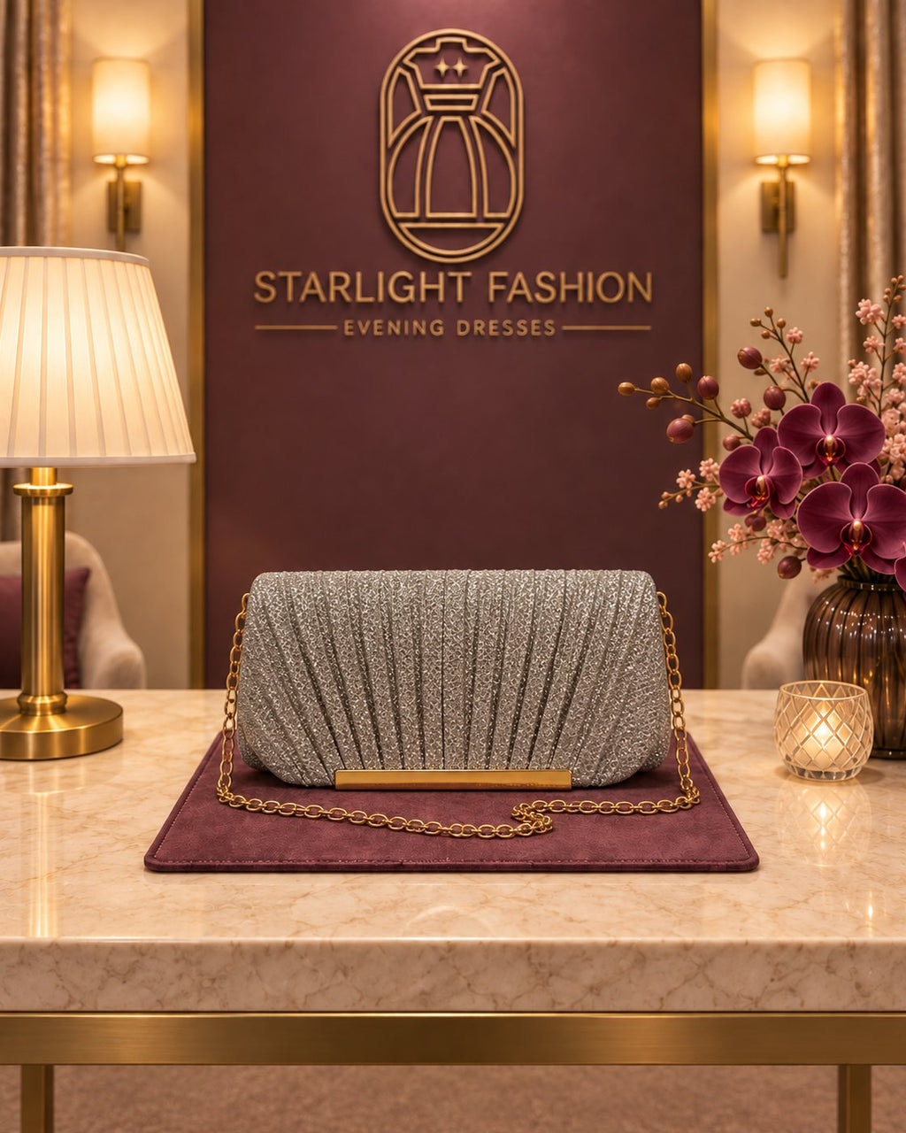 Silver Pleated Evening Clutch with Gold-Tone Chain – pleat and accent detail
