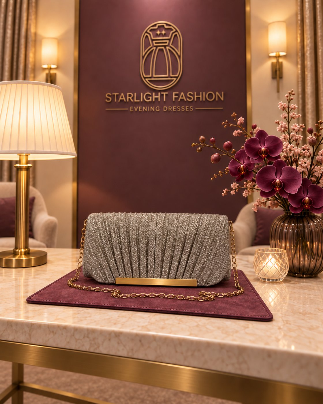 Silver Pleated Evening Clutch with Gold-Tone Chain – bag view