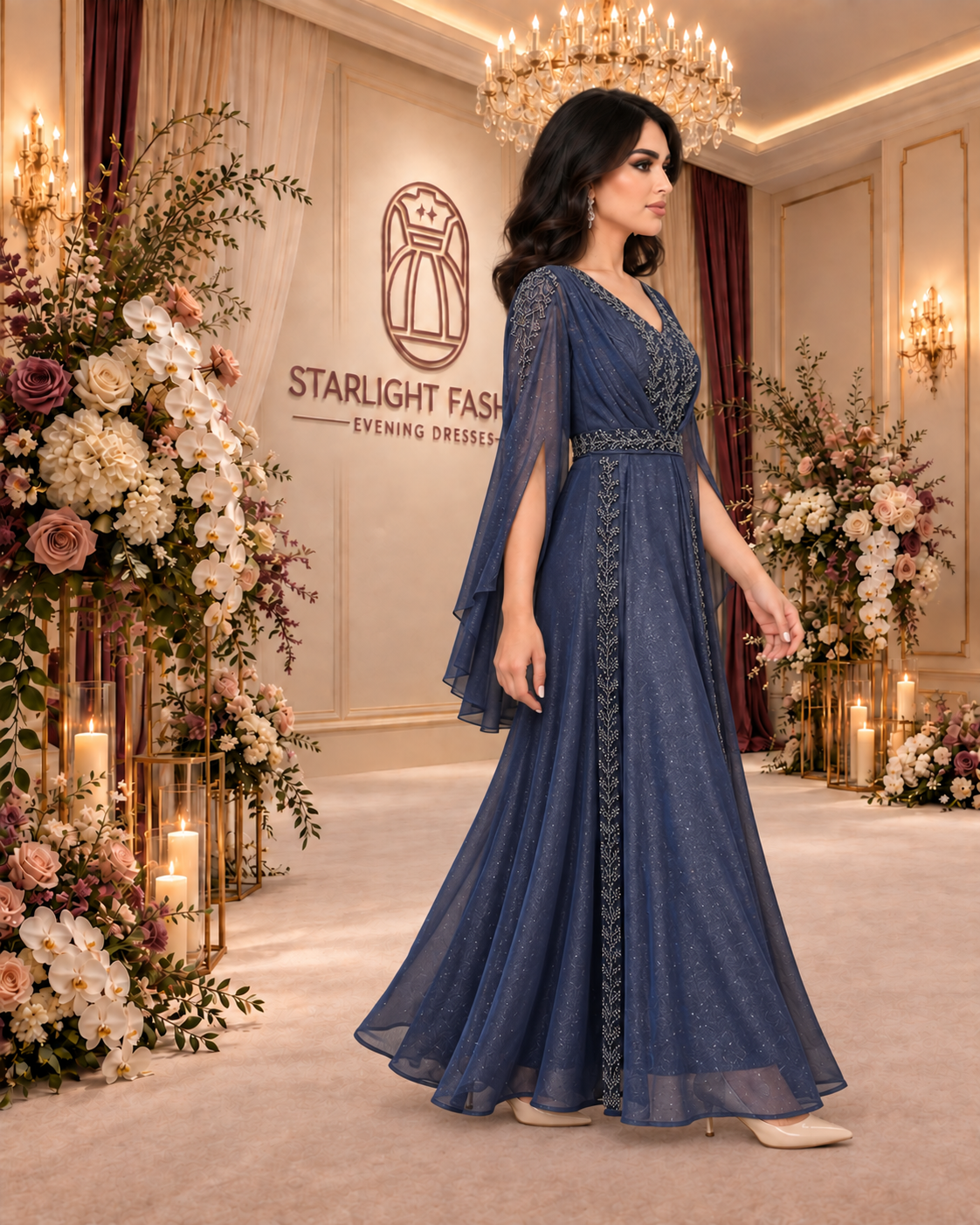 فستان سهرة ليل الكحلي بأكمام كيب وترصيع نباتي أثناء المشي.