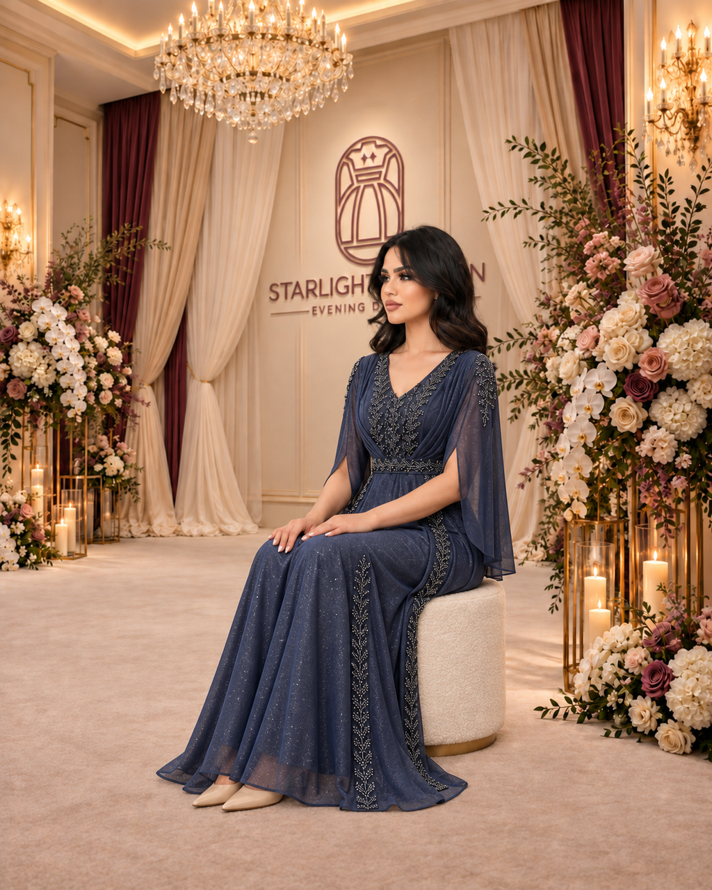 فستان سهرة ليل الكحلي بأكمام كيب وترصيع نباتي بوضعية الجلوس.