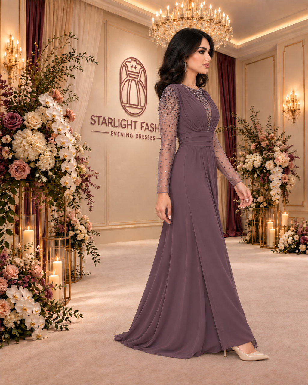 فستان سهرة همس الموف بدرابيه وأكمام مرصعة أثناء المشي.