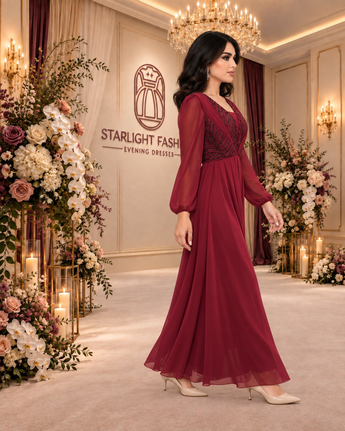 فستان سهرة نبيذي بصدر مزخرف وأكمام بالونية – أثناء المشي