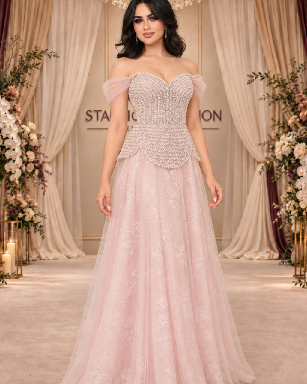 Pale Blush Gown with Beaded Petal Peplum and Lace Tulle Skirt – front view