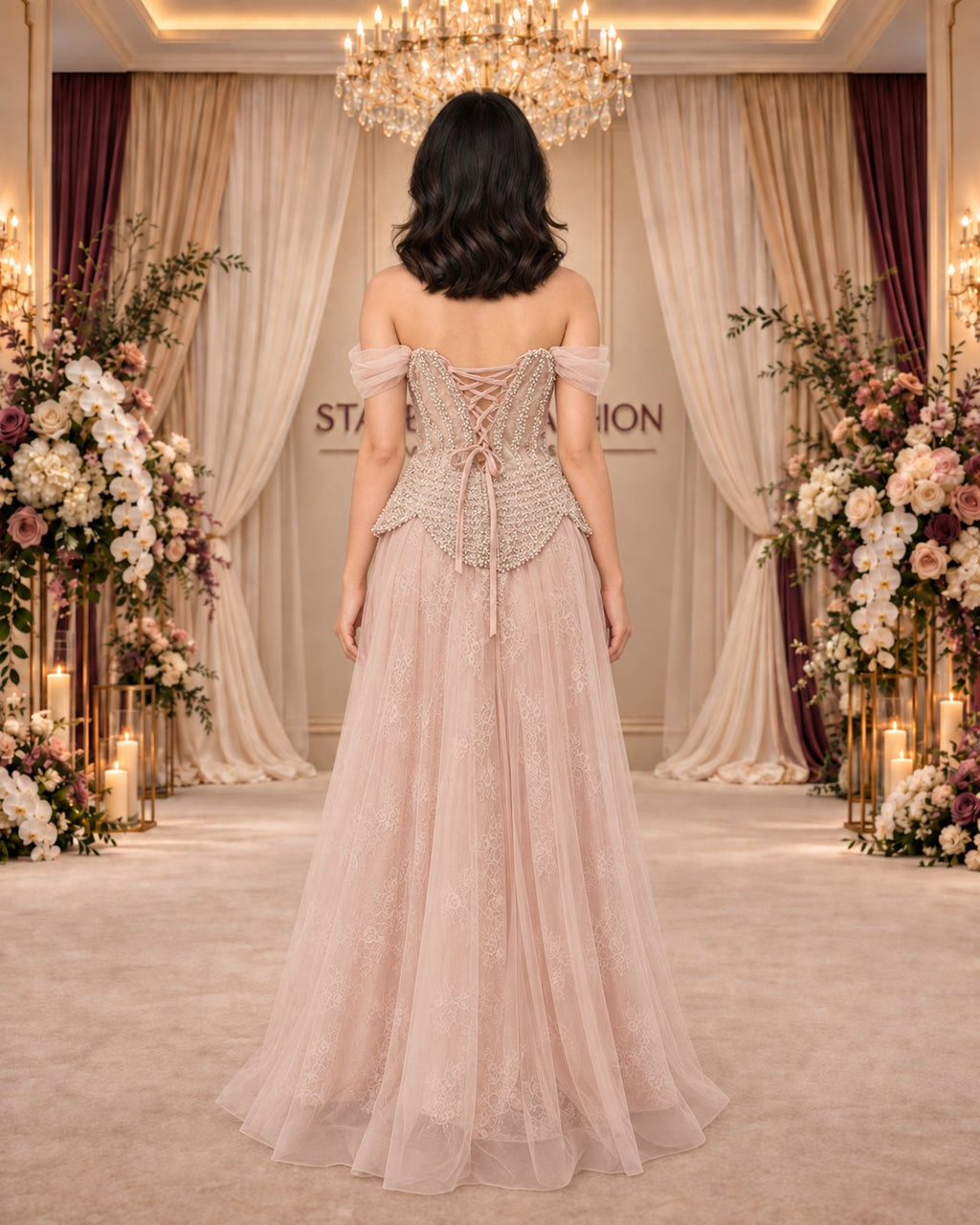 Pale Blush Gown with Beaded Petal Peplum and Lace Tulle Skirt – back view with crisscross lacing