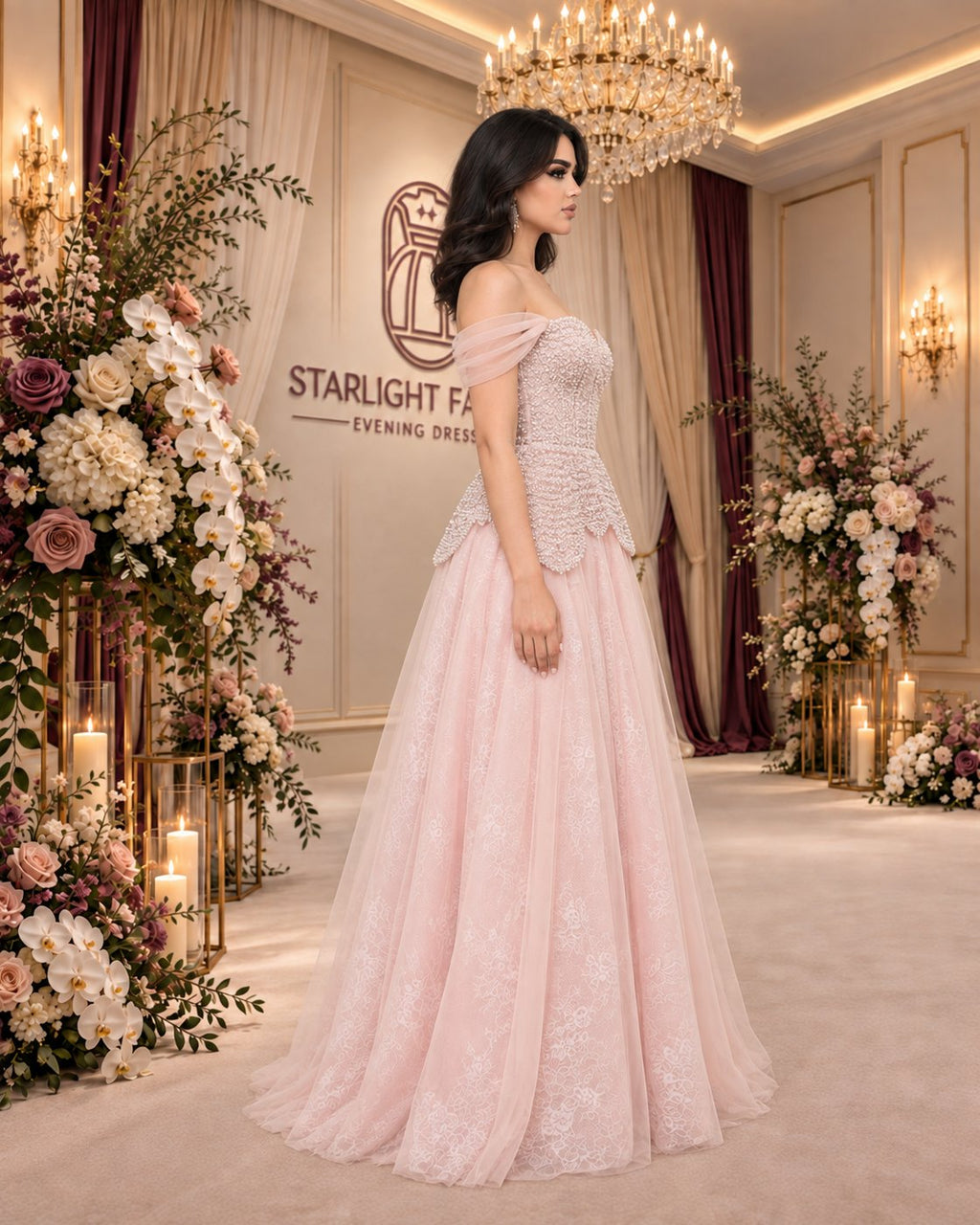 Pale Blush Gown with Beaded Petal Peplum and Lace Tulle Skirt – first side view