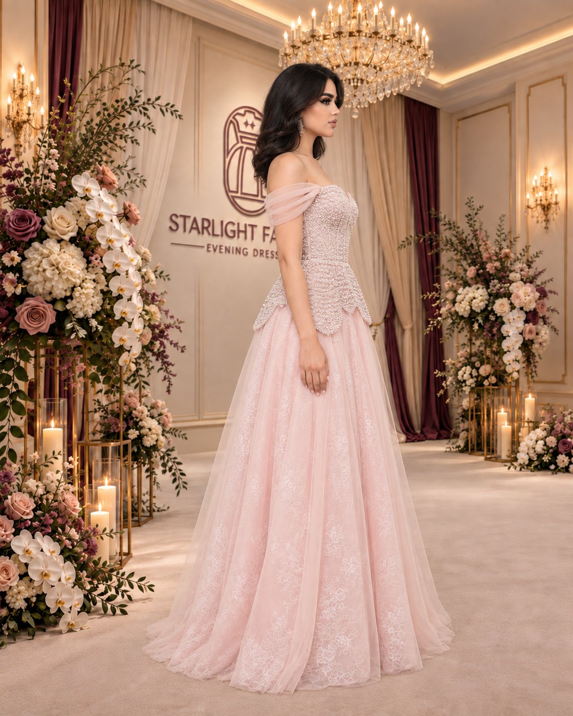Pale Blush Gown with Beaded Petal Peplum and Lace Tulle Skirt – first side view