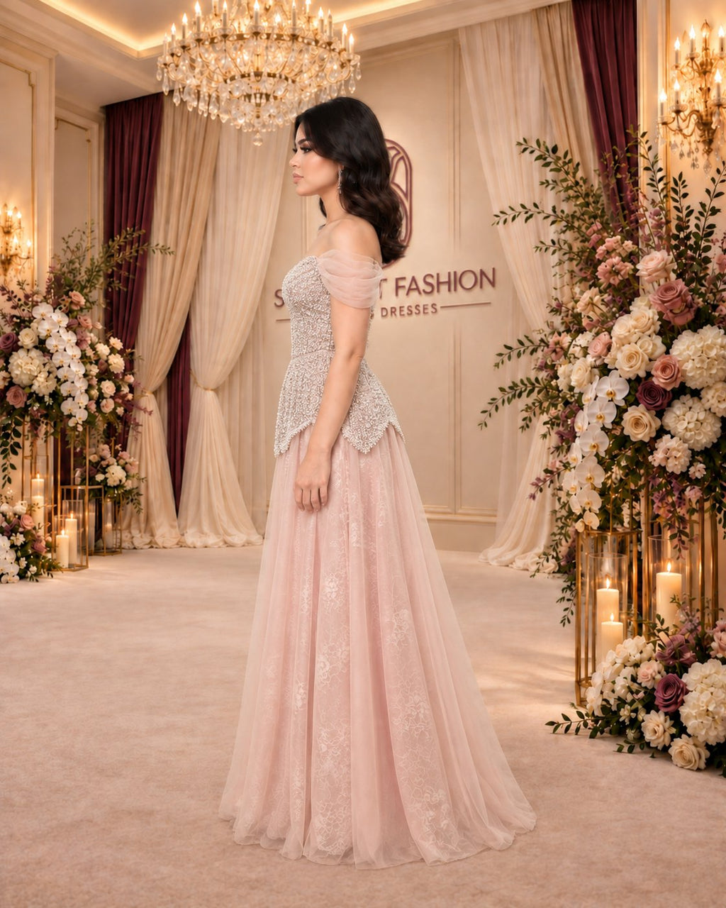 Pale Blush Gown with Beaded Petal Peplum and Lace Tulle Skirt – opposite side view