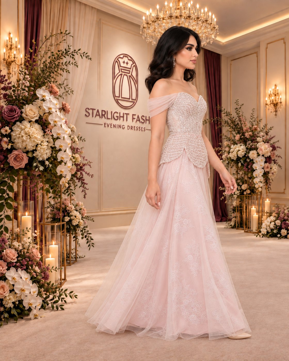 Pale Blush Gown with Beaded Petal Peplum and Lace Tulle Skirt – walking view