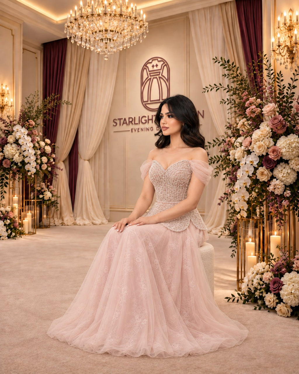 Pale Blush Gown with Beaded Petal Peplum and Lace Tulle Skirt – seated view