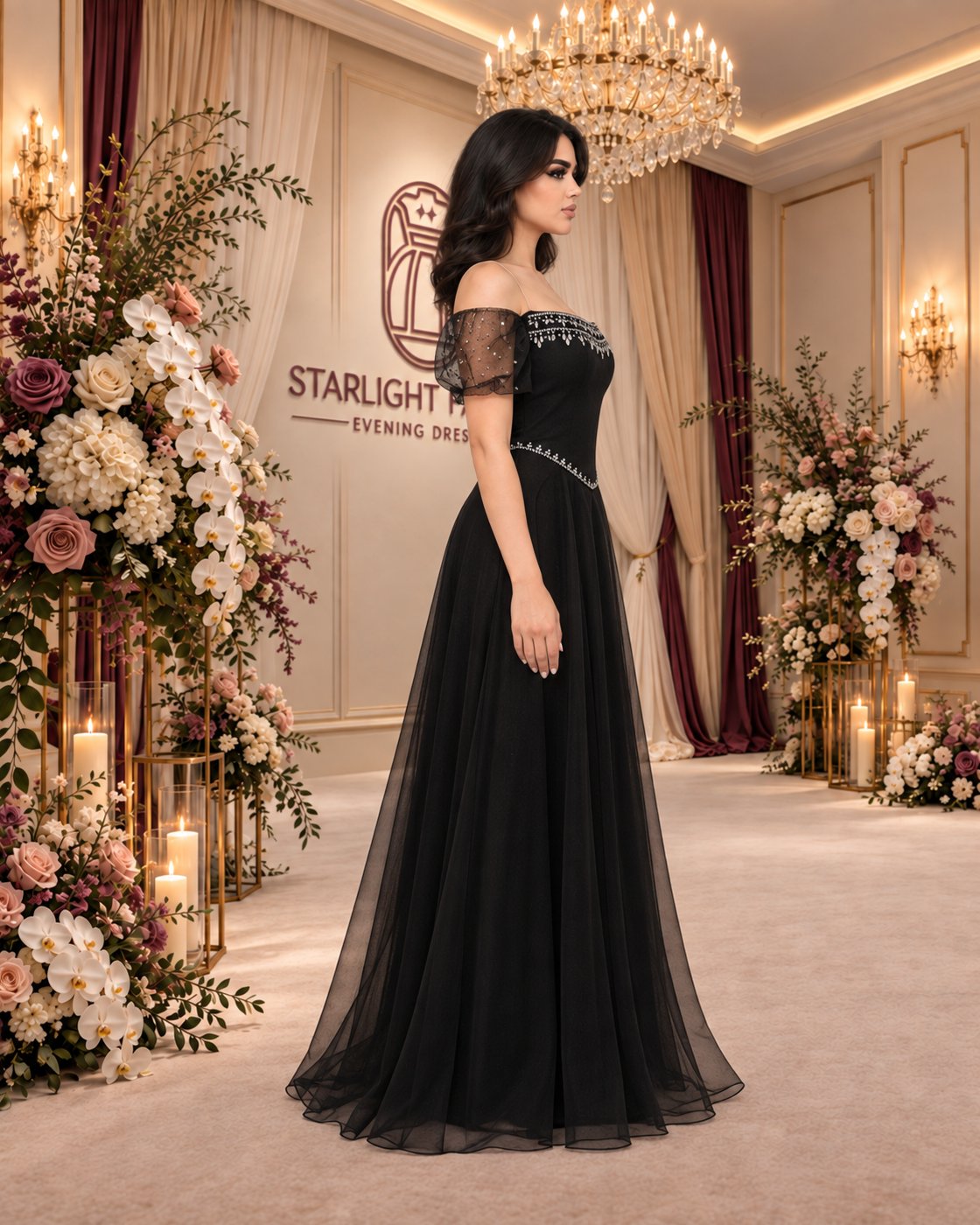 Midnight Jewel black evening gown, right-facing side view showing the embellished waist