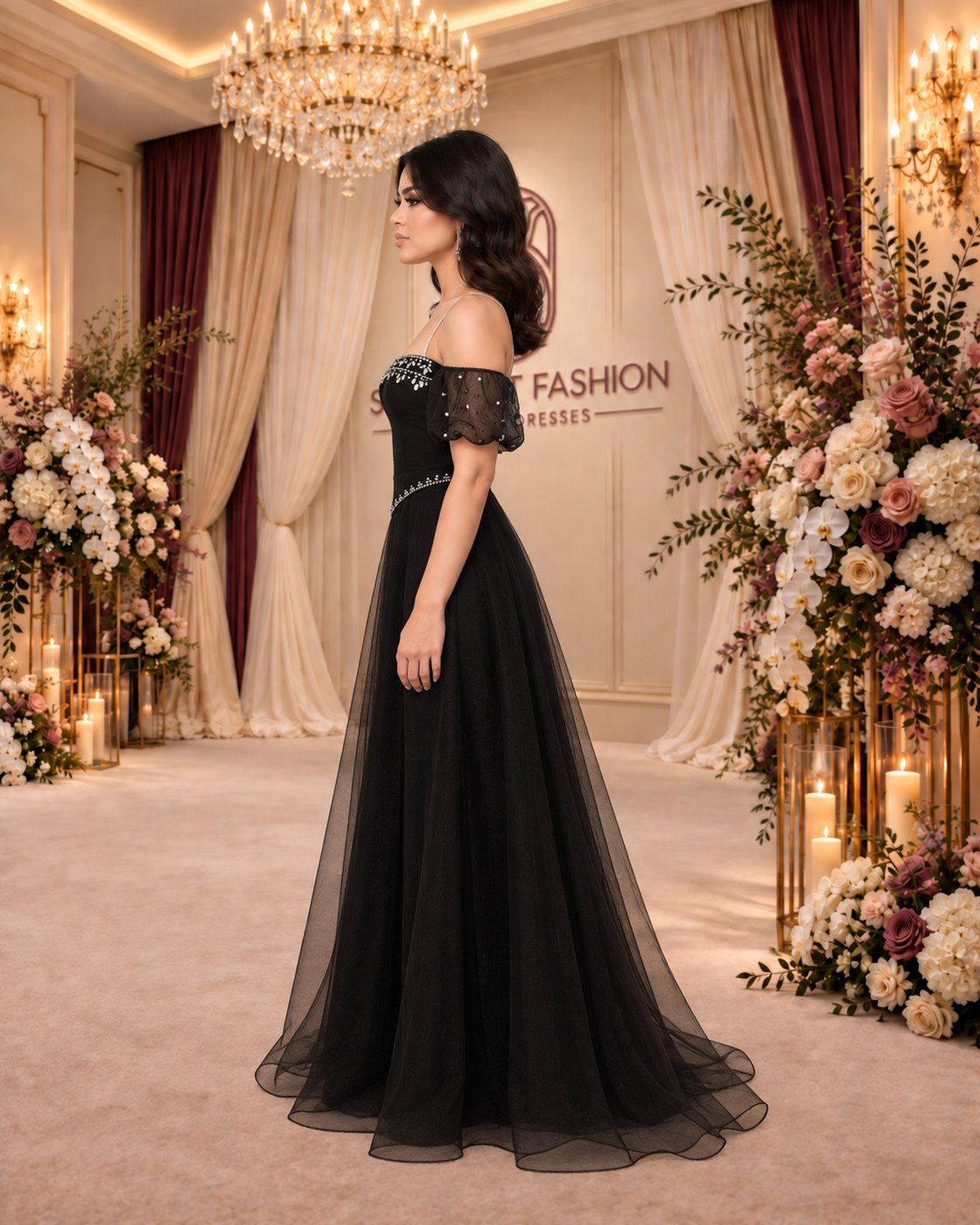 Midnight Jewel black evening gown, left-facing side view showing the sheer skirt overlay